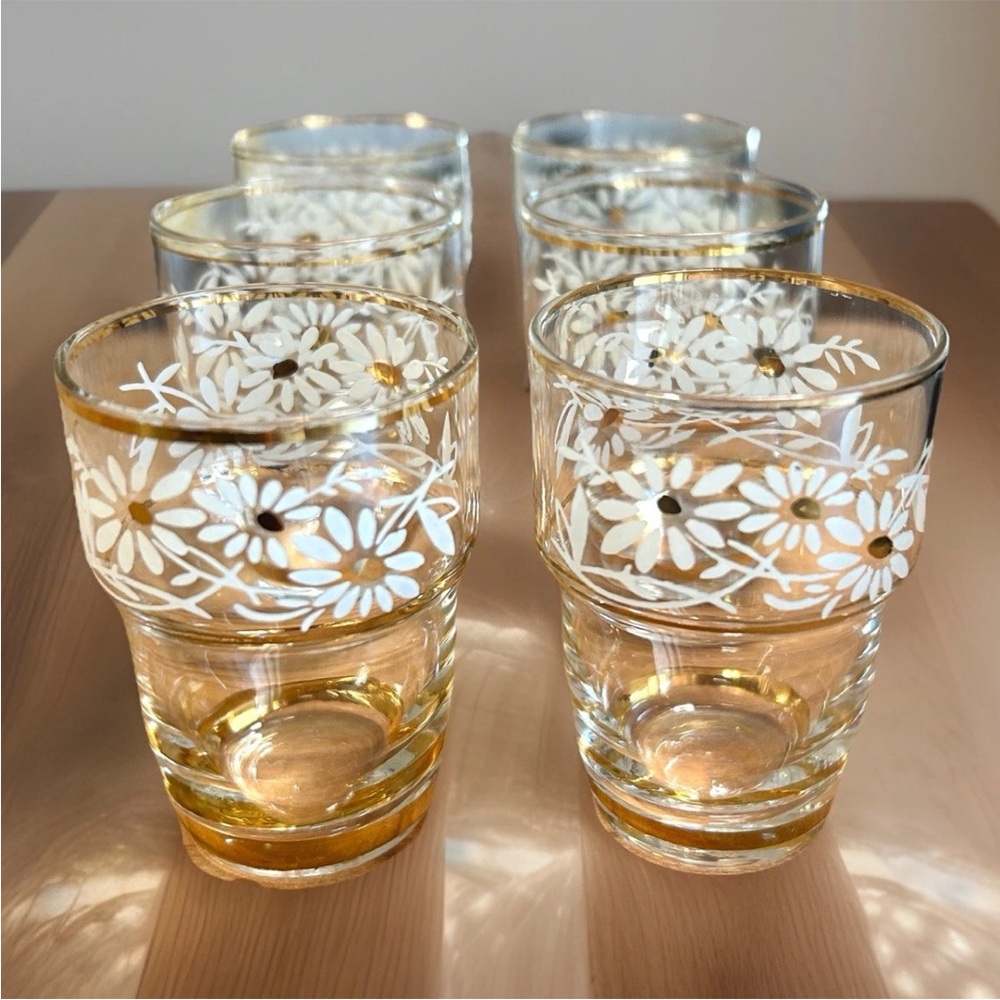 Vintage Hand Painted Shot Glasses Clear White Daisies and Gilding SET OF 6